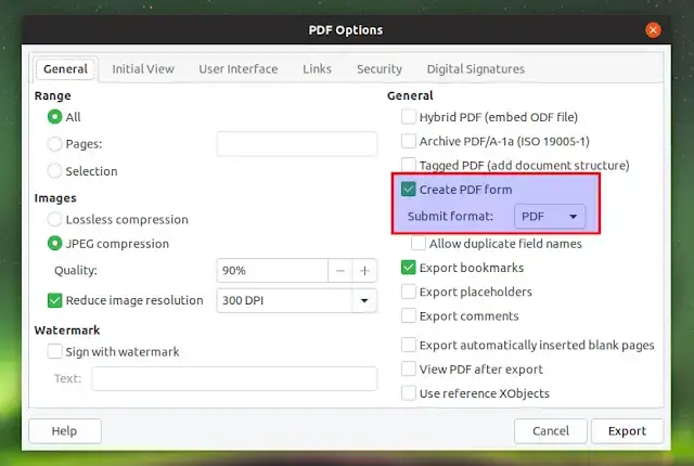 导出 PDF 表单选项 LibreOffice
